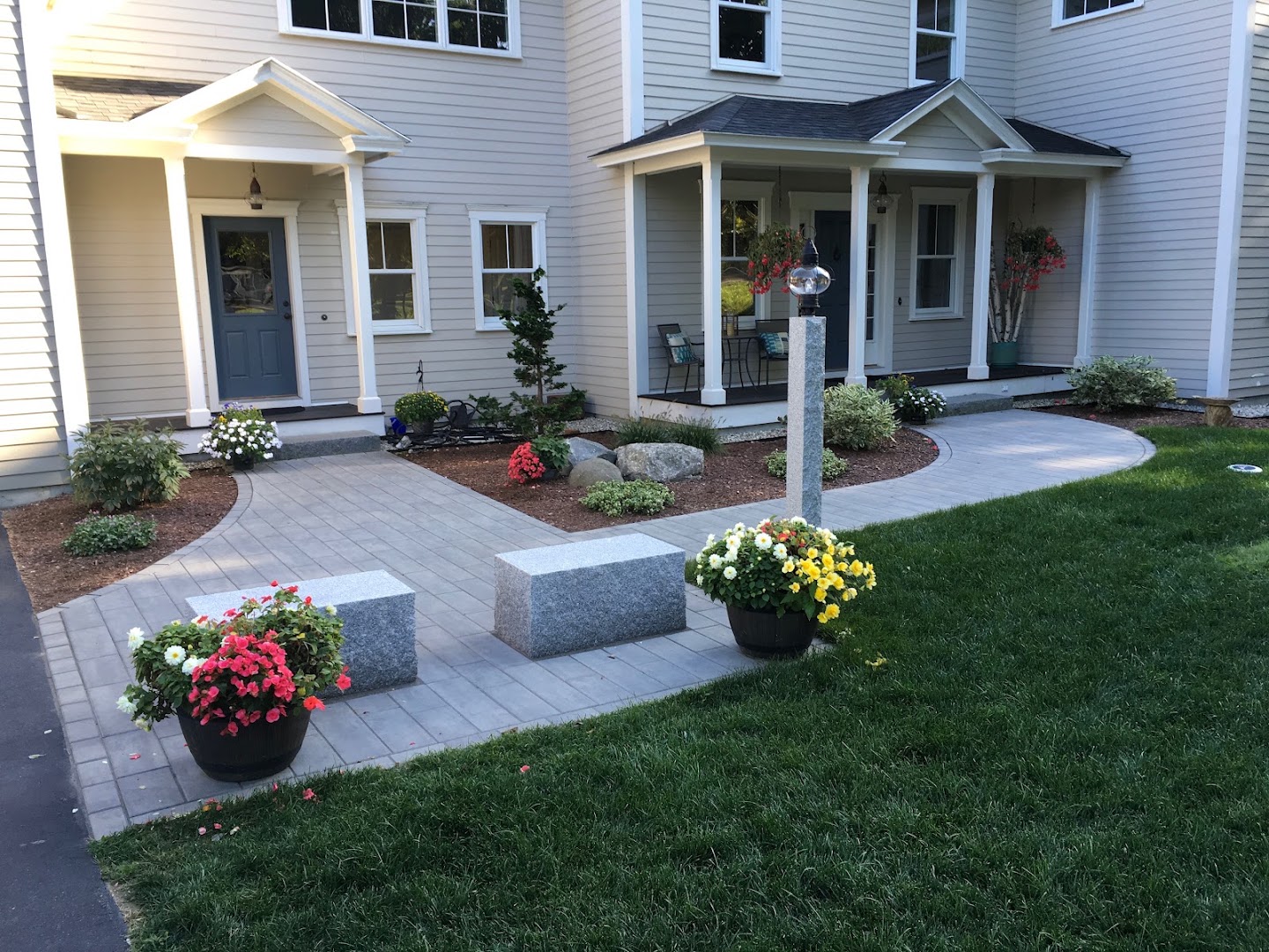 Front walkway with granite benches